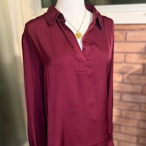 Banana Republic Burgundy Satin V-Neck Collared Blouse